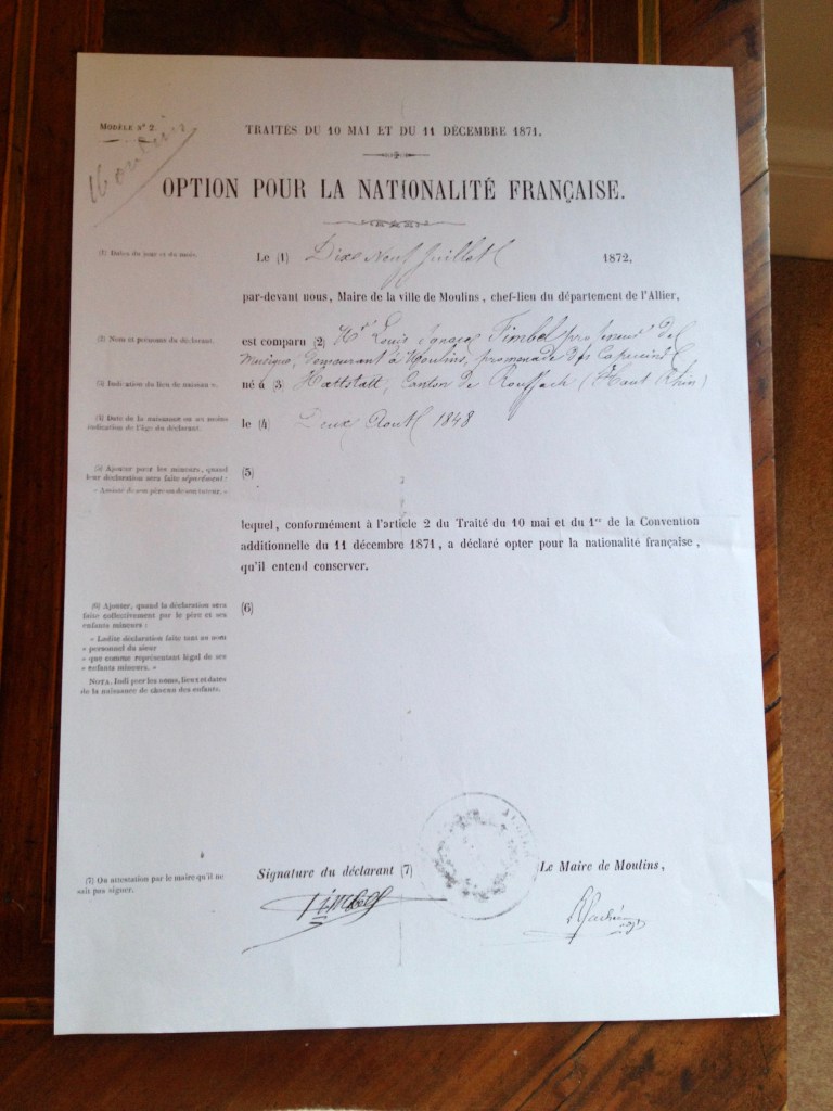 Option pour la nationalité française de Louis Fimbel 1872